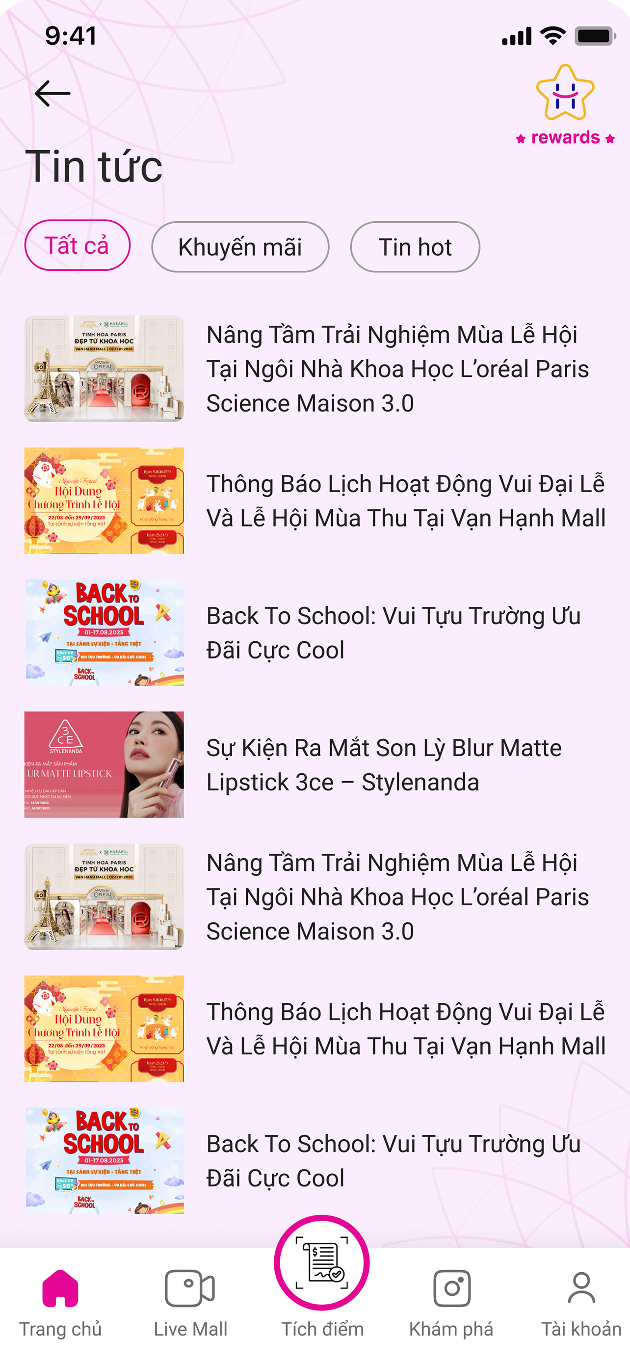 Danh sách tin tức trong app H-Rewards